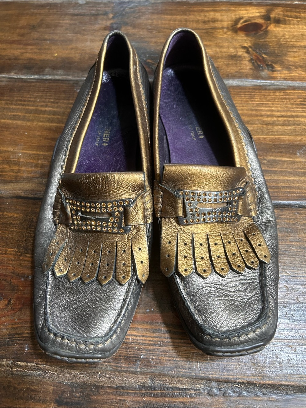 Donald Pliner Metallic Silver and Gold Leather driving loafers 8